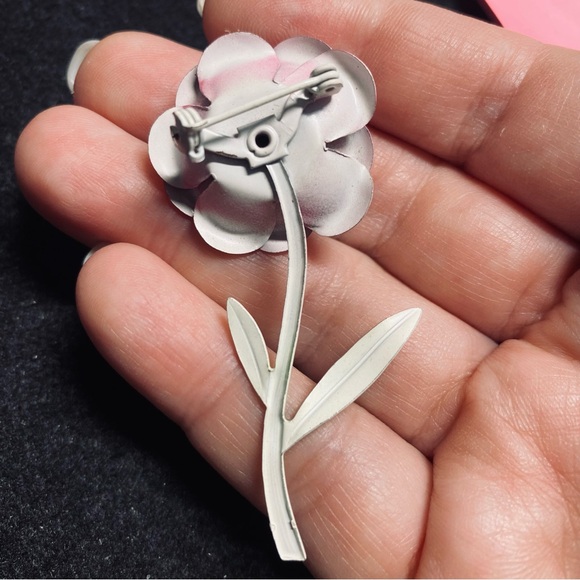 Vintage Enamel Pink Rose Metal Brooch - Picture 3 of 6